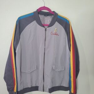 Her Universe Gray Bomber Jacket with Yellow, Blue & Red Stripes
